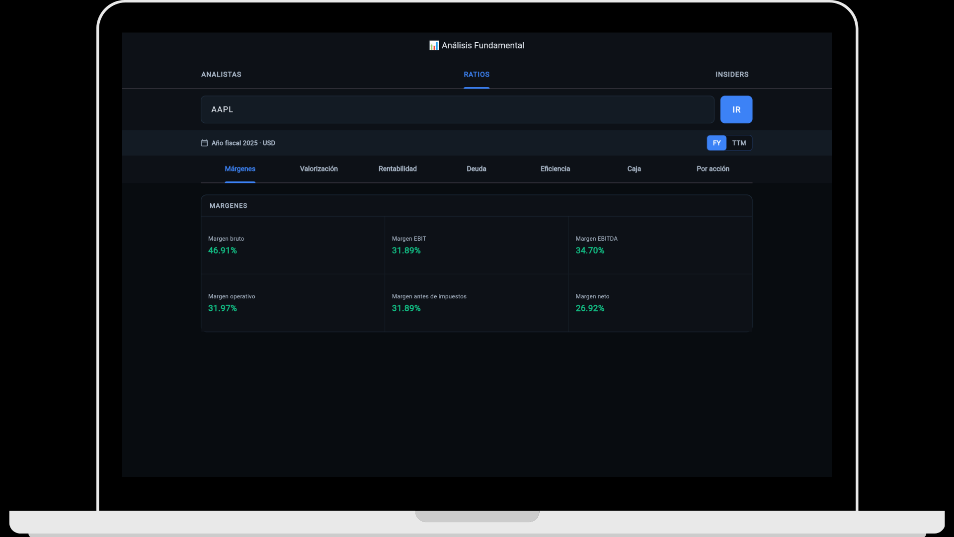 ATdesdecero — Ratios financieros y márgenes para AAPL: margen bruto, EBIT, EBITDA, neto