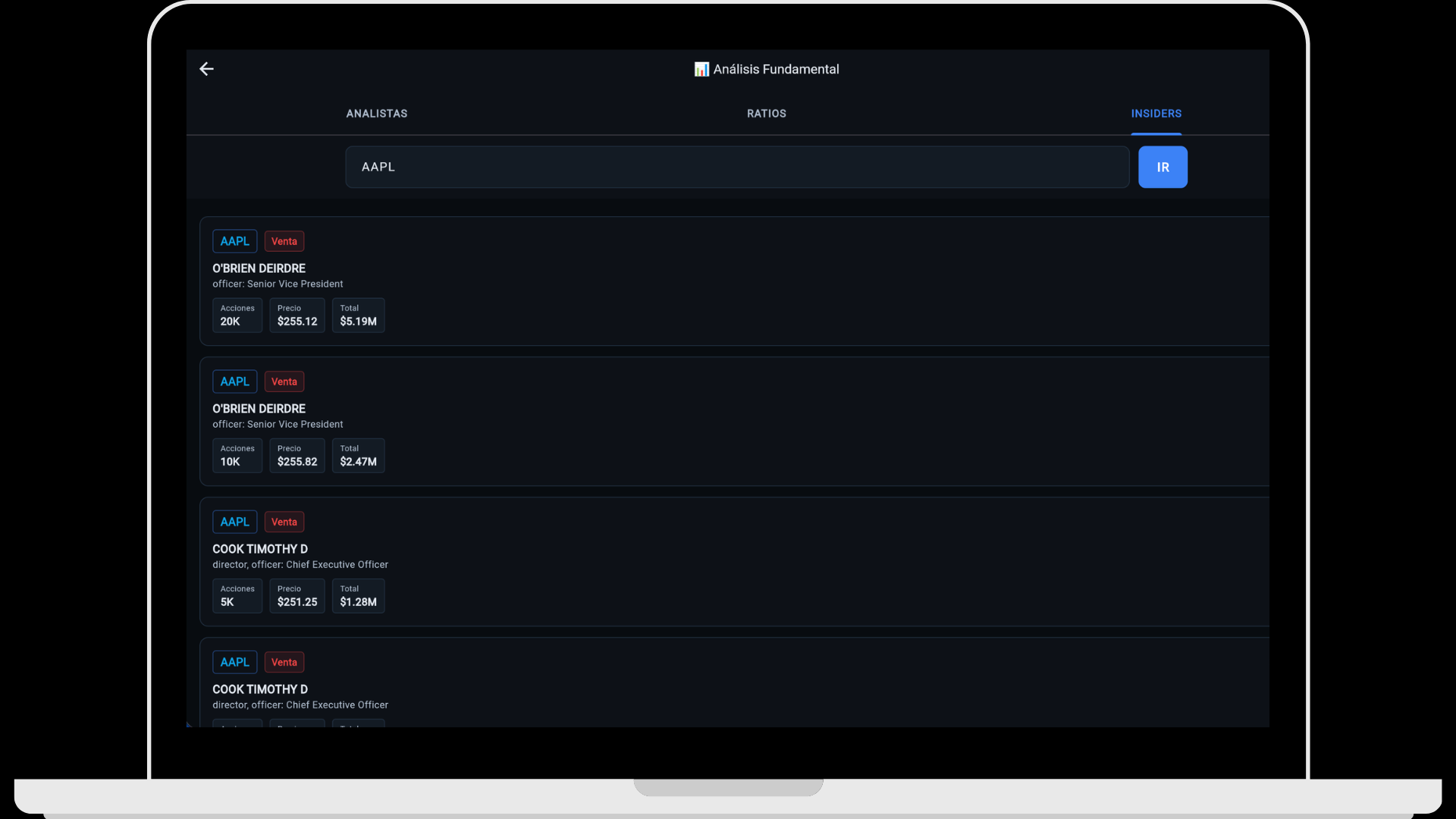 ATdesdecero — Trades de insiders para AAPL: Cook Timothy, O'Brien Deirdre, acciones y montos