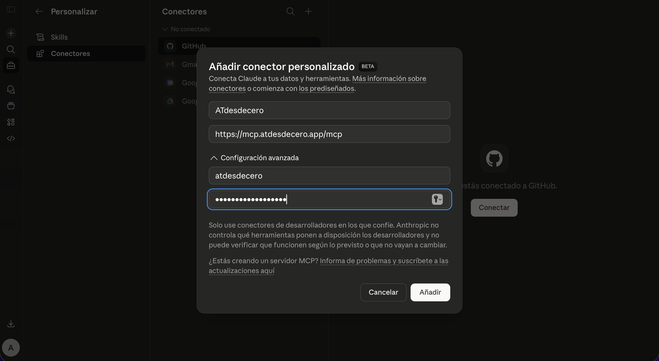 Step 2 — Enter ATdesdecero MCP credentials in Claude